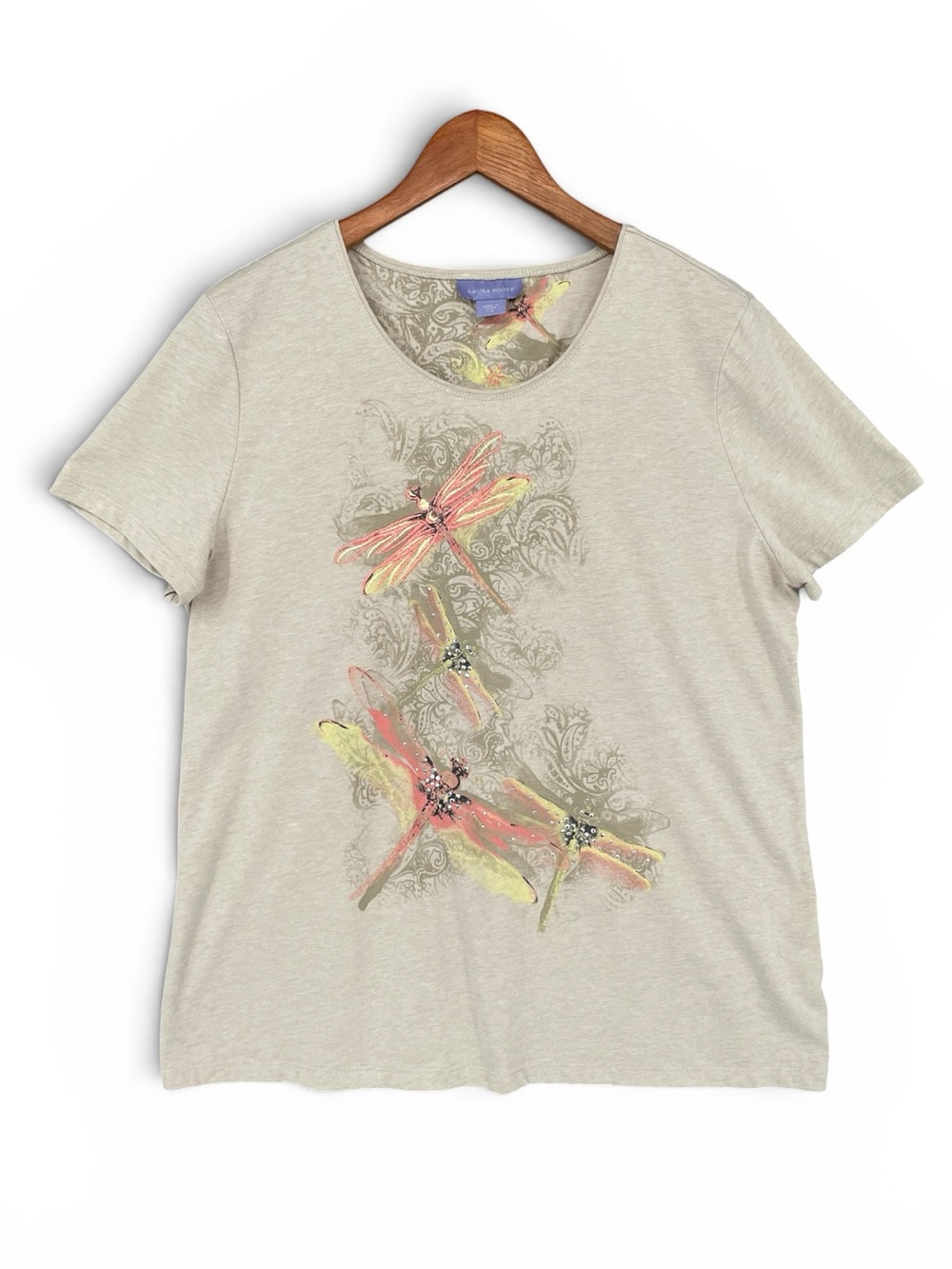 Laura Scott Embroidered Dragonfly Short‑Sleeve Tee Beige Size Large